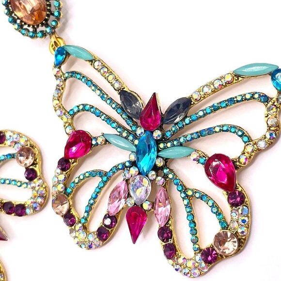 Large Yellow Gold with Colorful Crystal Dangling Post Back Butterfly Earrings - Picture 7 of 9